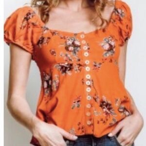 NWOT Free People orange floral smocked blouse top Womens Small